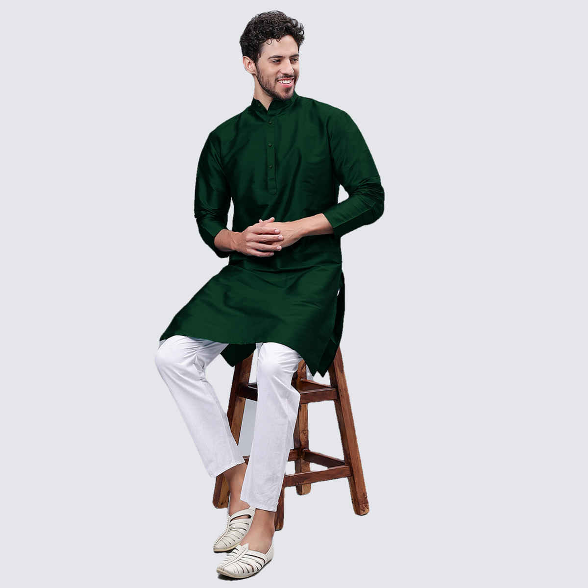 Mad Over Print Men's Silk Blended Kurta | Green - L