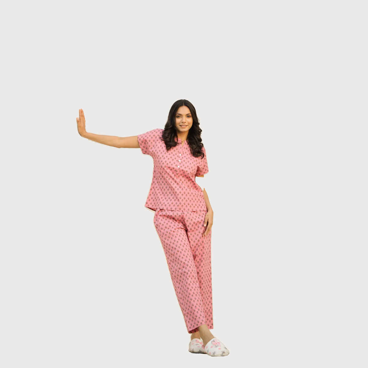 Sanskrutihomes Women Printed Pure Cotton Night Suit | Pink | S