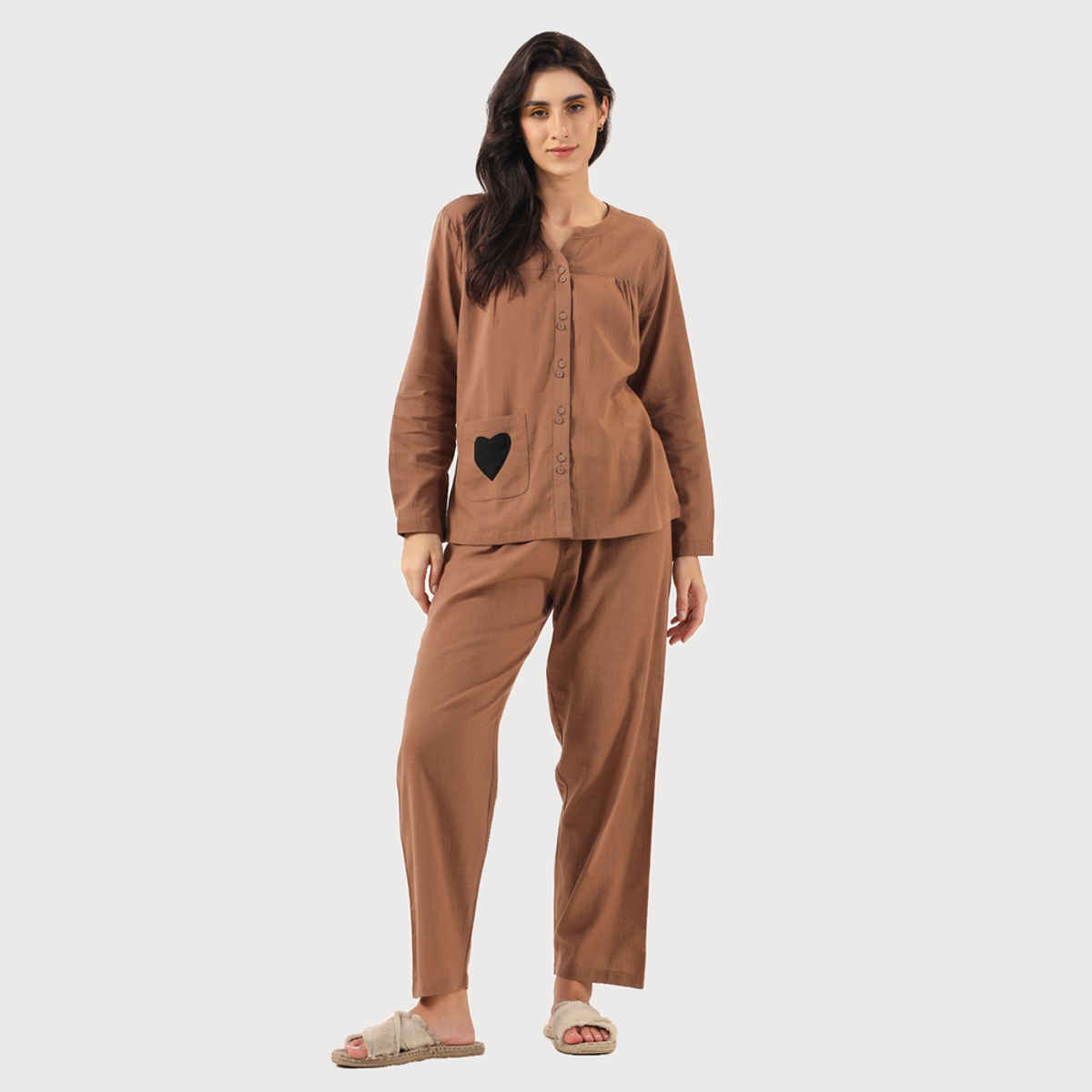 Sanskrutihomes Mandarin Collar Pure Cotton Night Suit | Brown - M