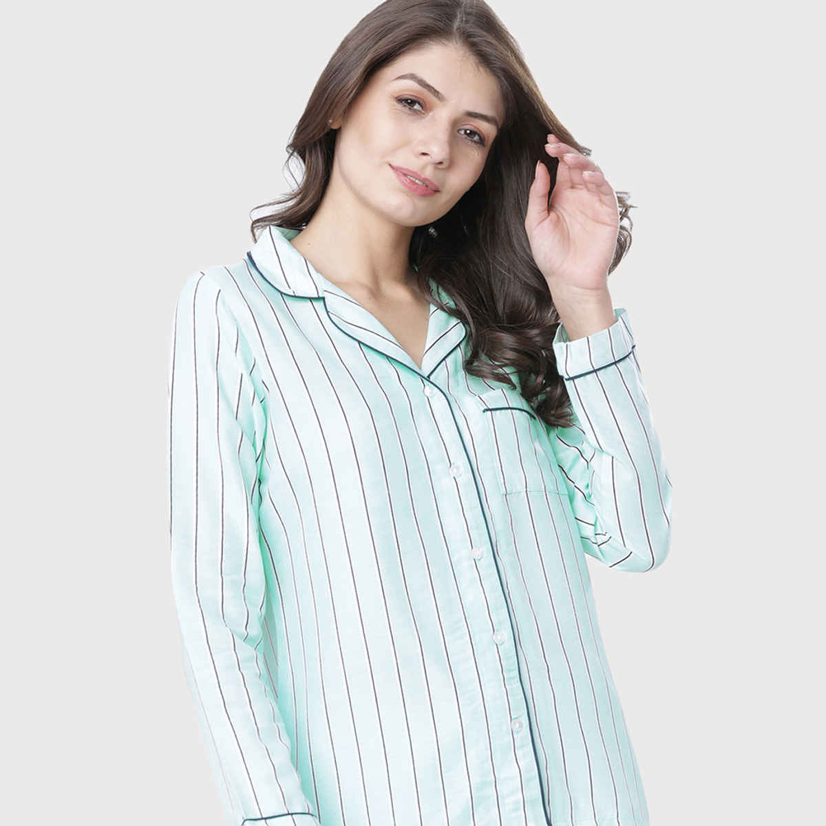 Tokyo Talkies Women's Striped Casual Shirt | Mint and Navy Blue - XL