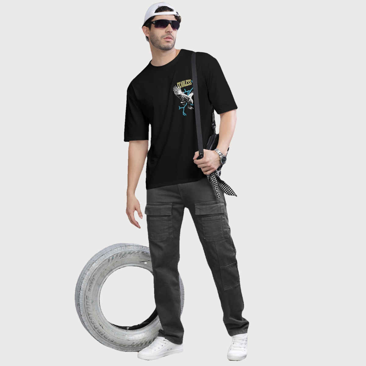 Bullmer Men's Oversized T-shirt Front and Back Printed | Black | L