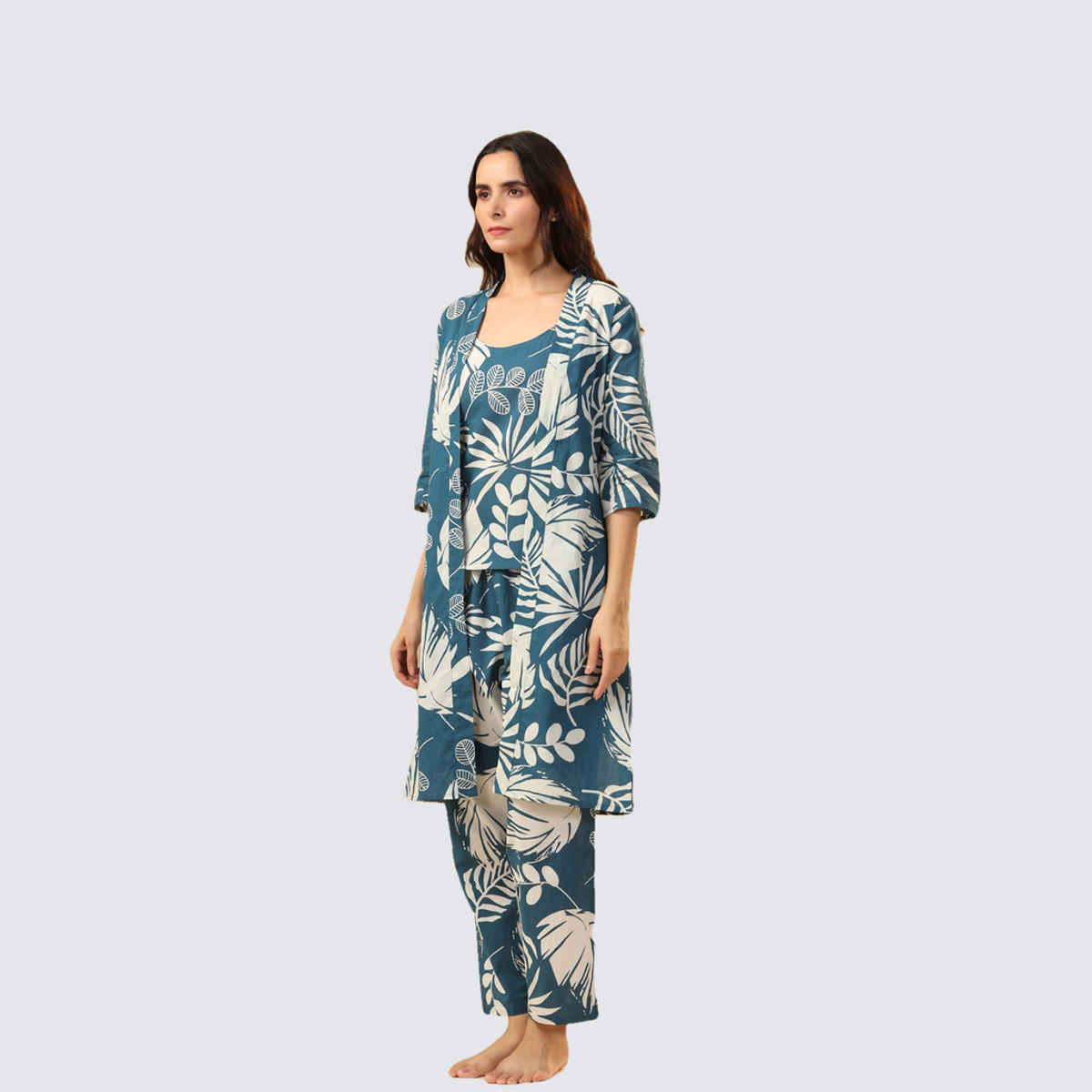 Sanskrutihomes Teal 3 Pieces Floral Printed Pure Cotton Night Suit | Teal - S