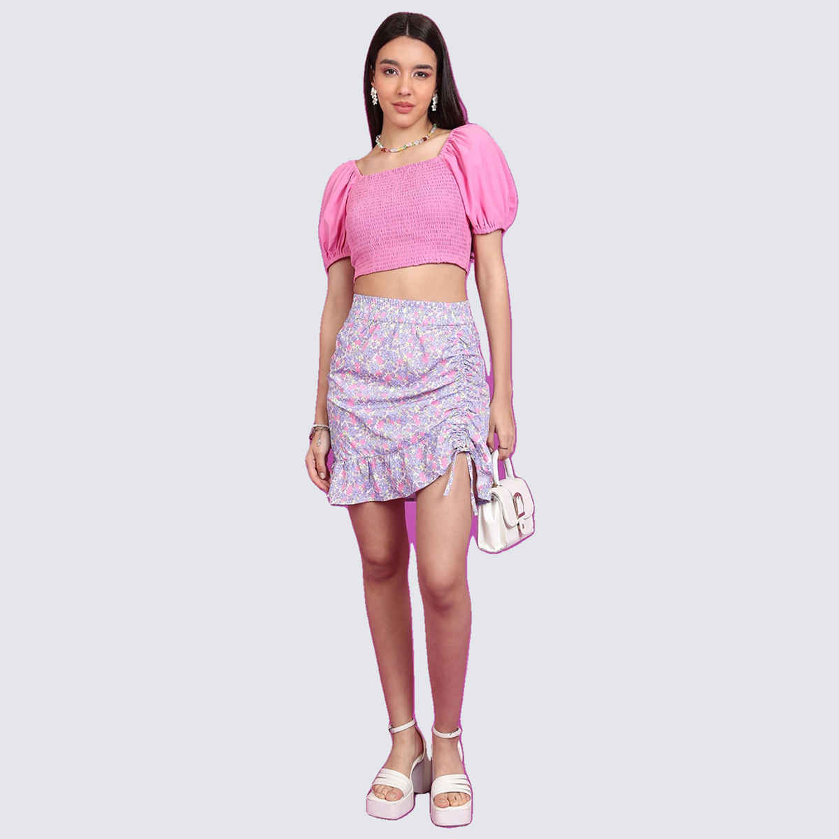 Ketch Women's Square Neck Puff Sleeve Smocked Crop Top | Pink - S