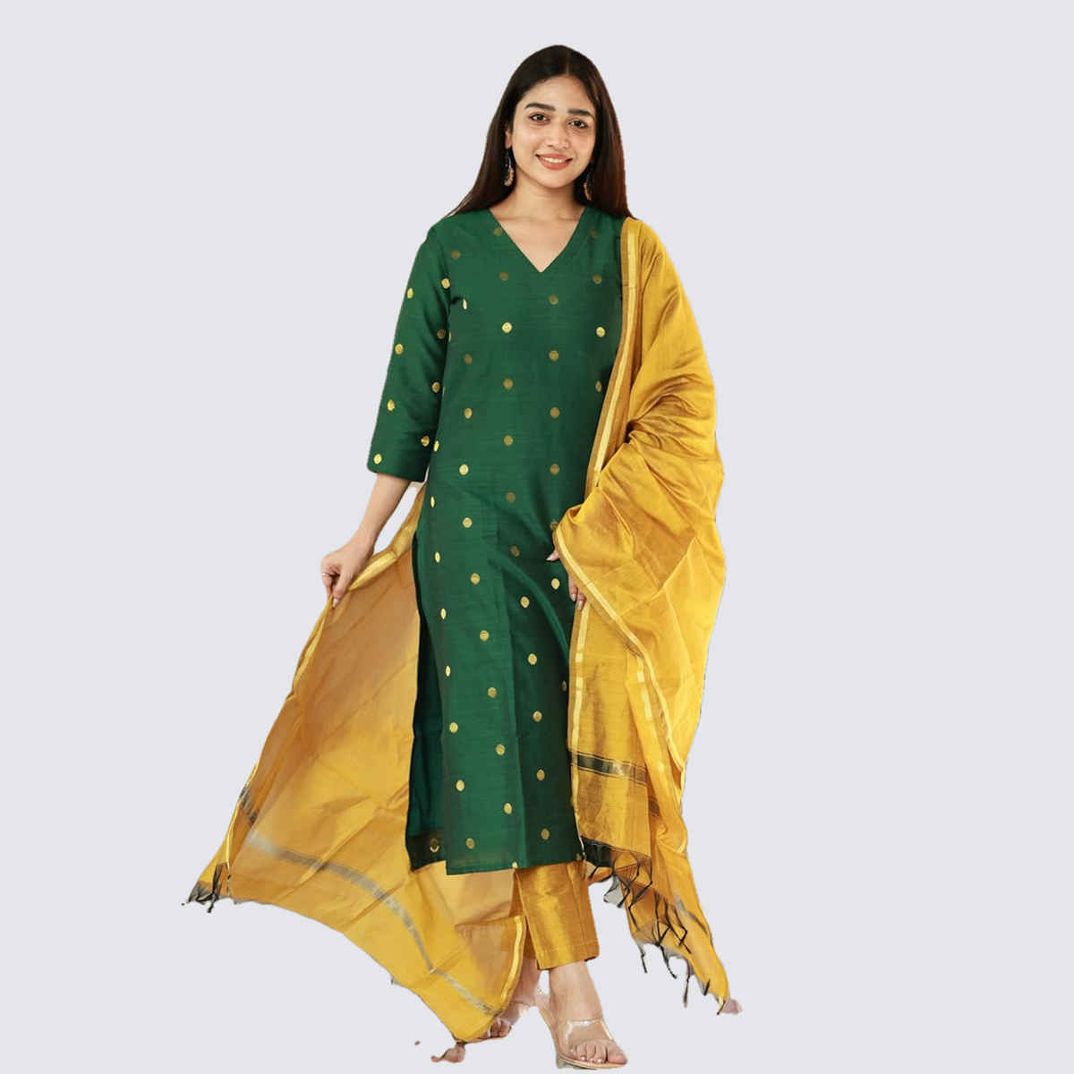 GoSriKi Women's Rayon Blend Straight Polka-Dot Kurta with Pant & Dupatta | SDF | Green - M