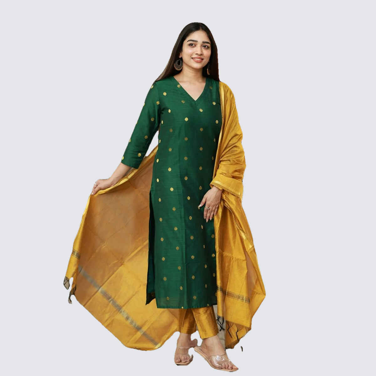 GoSriKi Women's Rayon Blend Straight Polka-Dot Kurta with Pant & Dupatta | SDF | Green - M