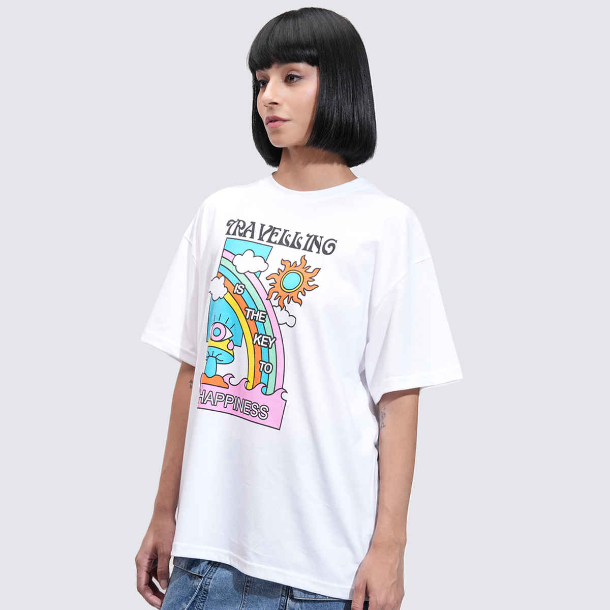 Tokyo Talkies Women's Graphic Printed Slim Fit T-Shirt | White - M
