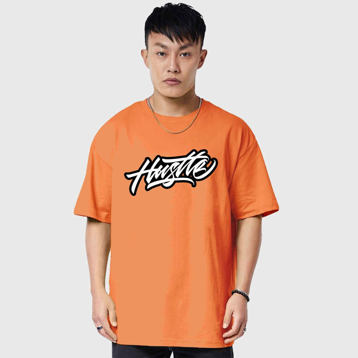 Veirdo Pure Cotton Oversized Fit Round Neck Orange Printed T-Shirt For Men - M