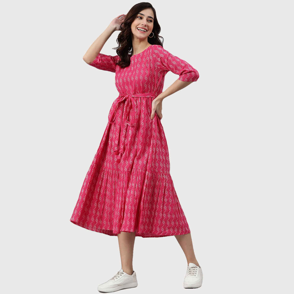 Janasya Women's Pink Pure Cotton Woven Design Tiered Dress - S
