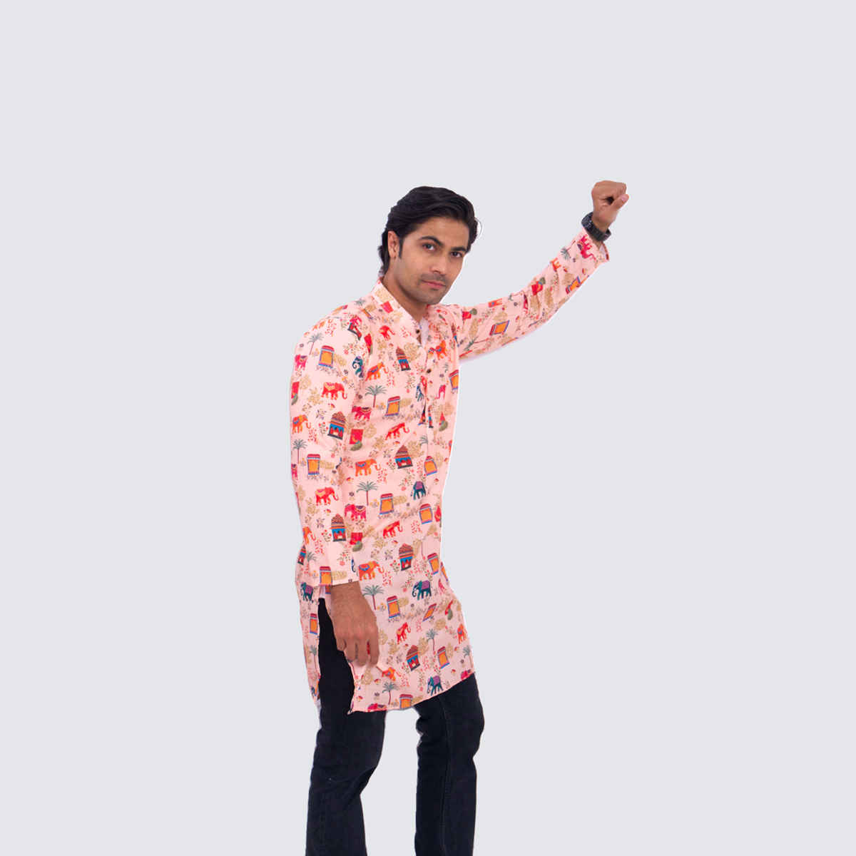 House Of Festivals Men's Printed Cotton Blend Ethnic Design Long Kurta | Multicolor - XL