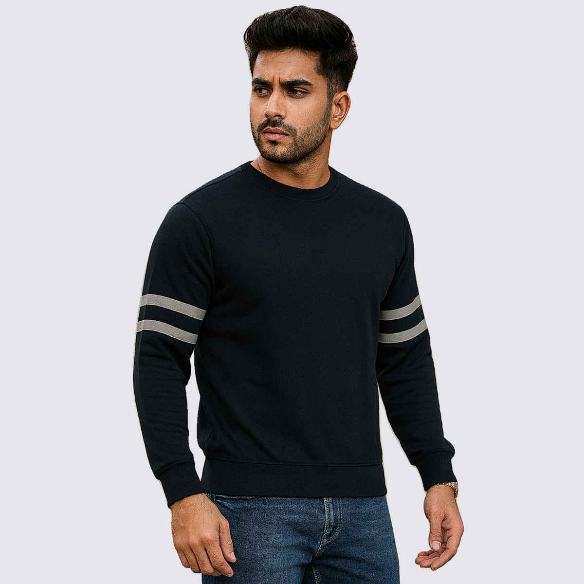 Gcyx Men's Stripe Sleeve Sweat Shirt | 70% Cotton and 30% Polyester | Black - XL