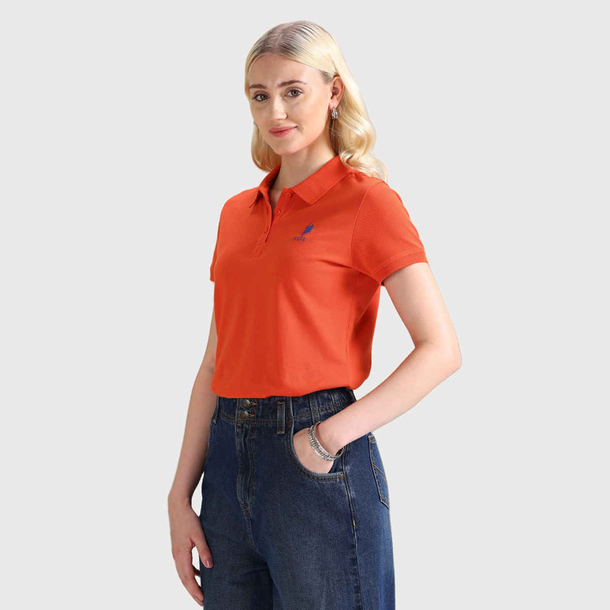 U.S. Polo Assn. Women's Embroidered Logo Solid Polo T-shirt | Orange - M