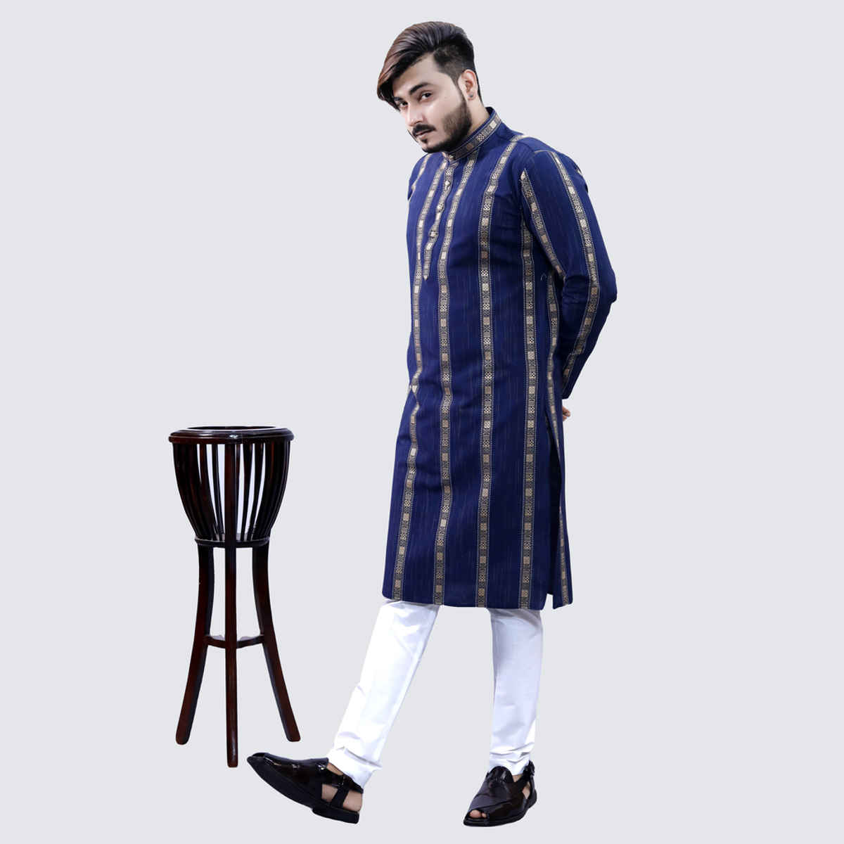 Tibra Collection Men Straight Kurta - Navy | Striped | Cotton Blend | L