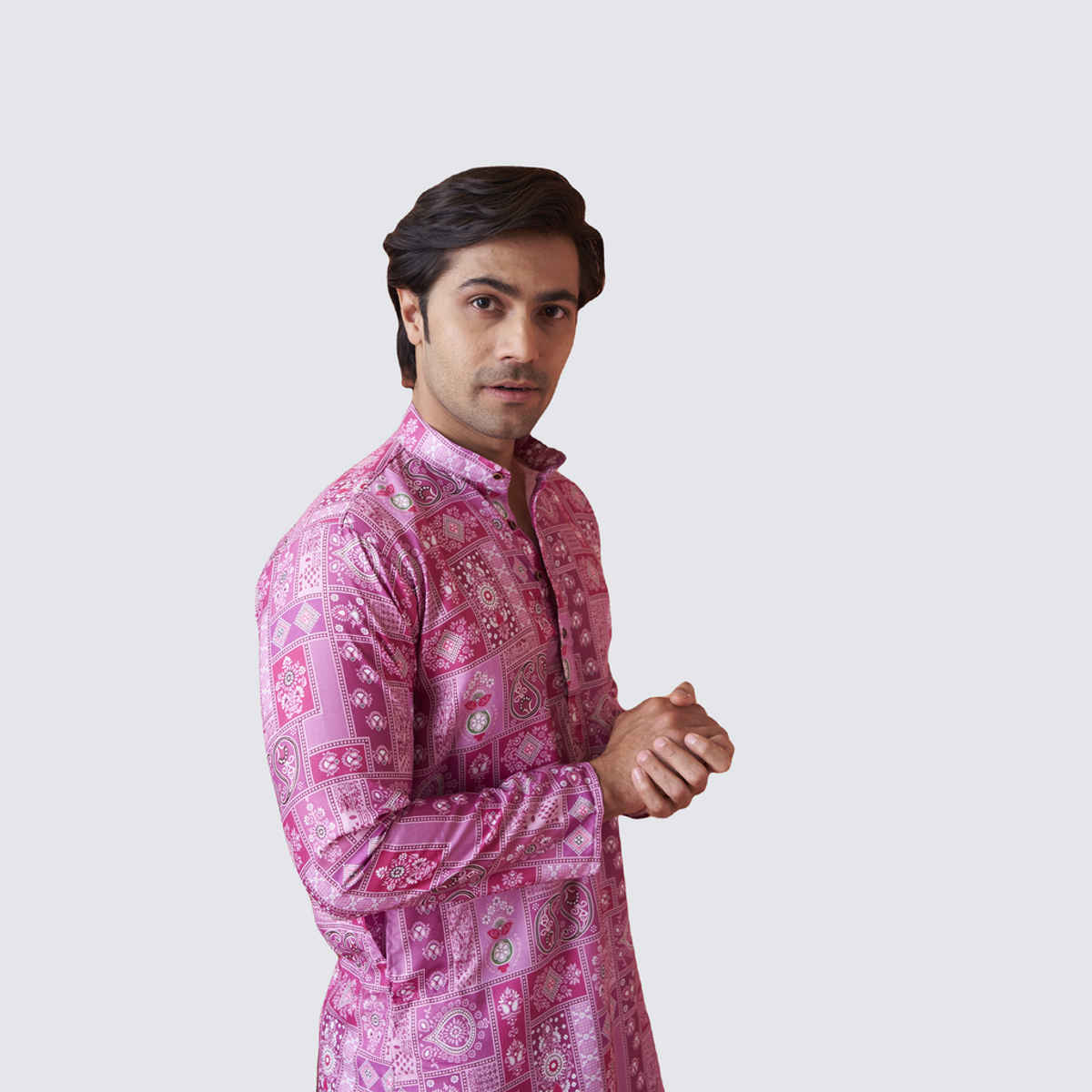 House Of Festivals Men's Printed Cotton Blend Long Kurta | Purple - S