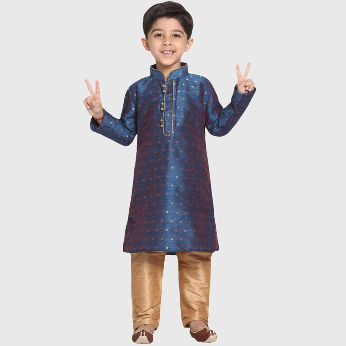 Vastramay Boy's Silk Blend Kurta Pyjama Set | Persian Blue & Rose Gold - 9 to 10 years