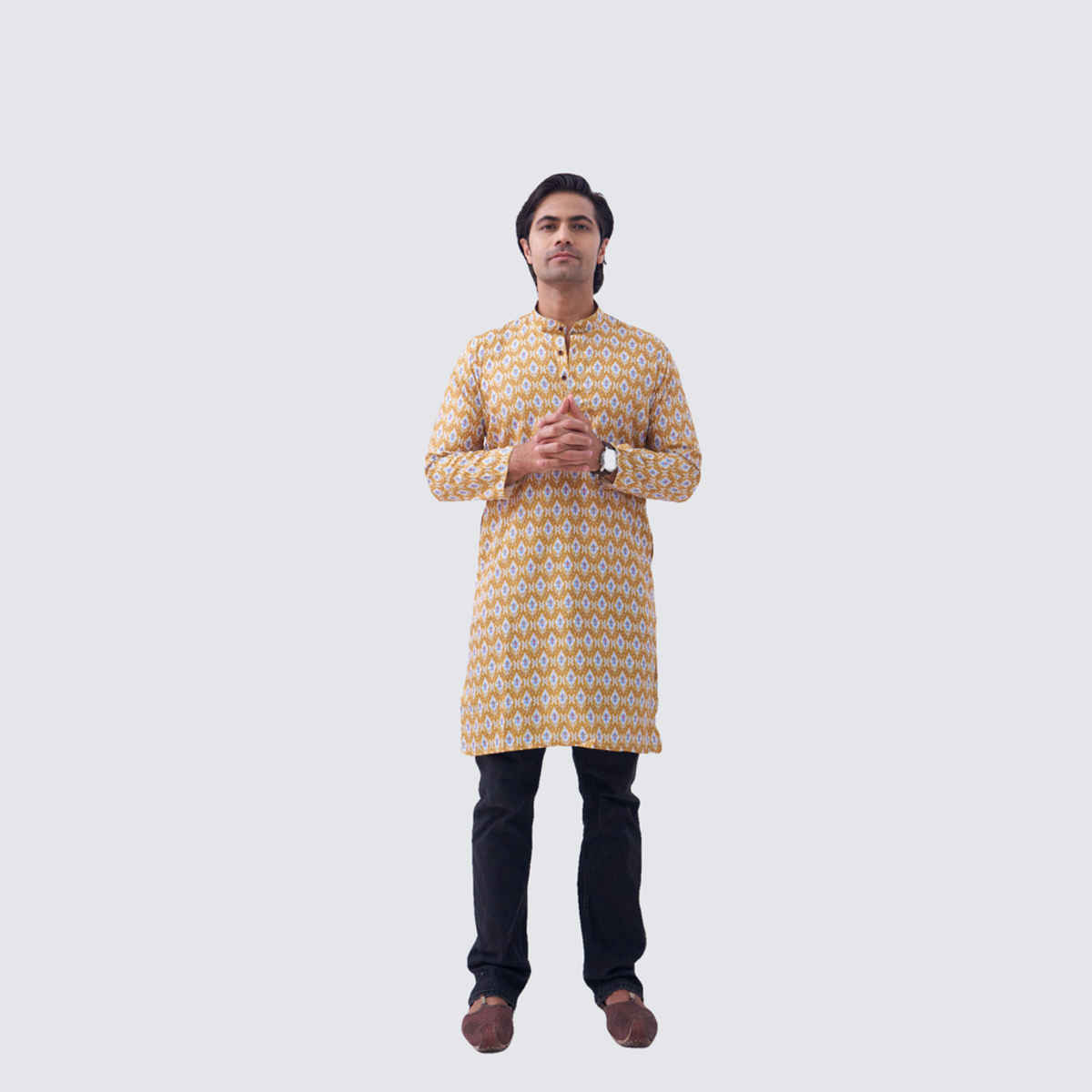 House Of Festivals Men's Printed Cotton Blend Long Kurta | Yellow - XL