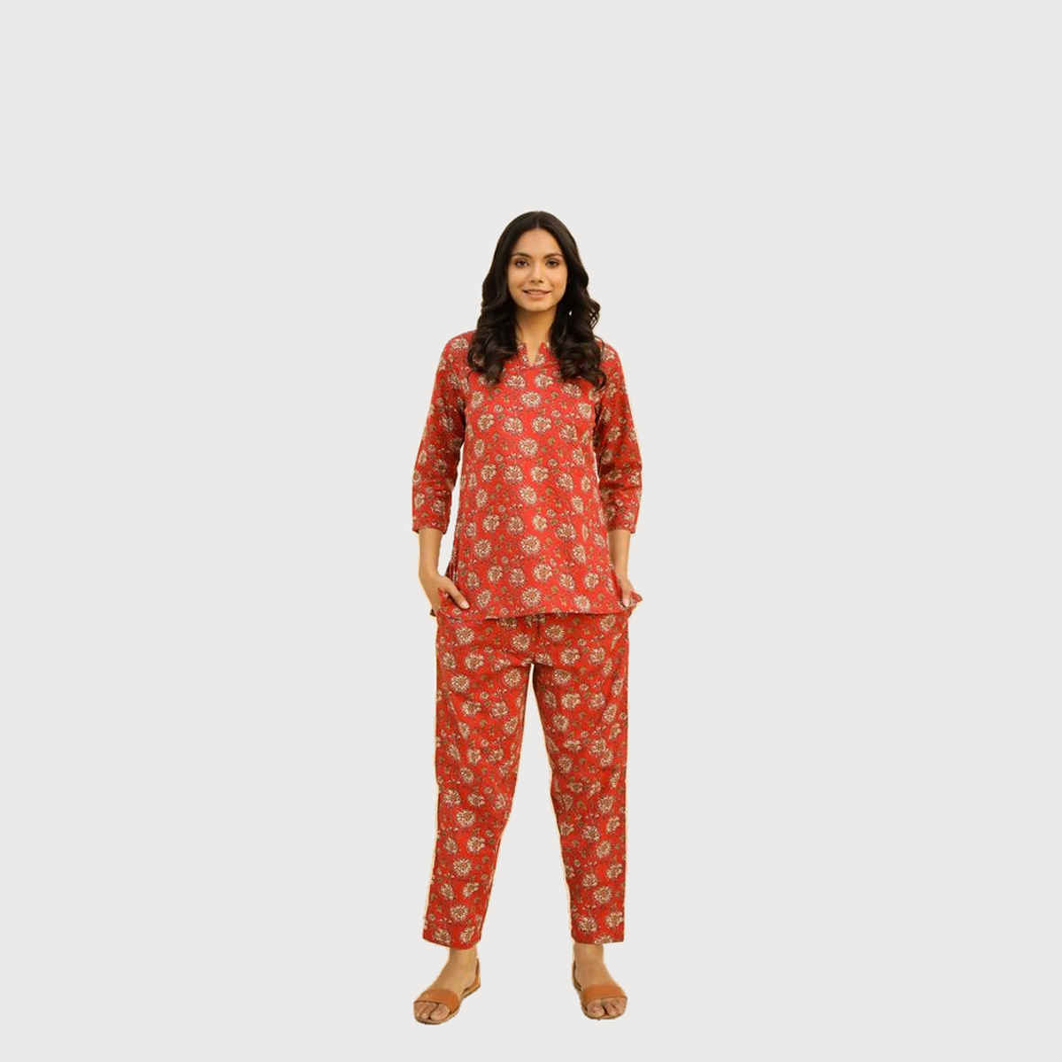 Sanskrutihomes Women's Printed Pure Cotton Night Suit | Red - L