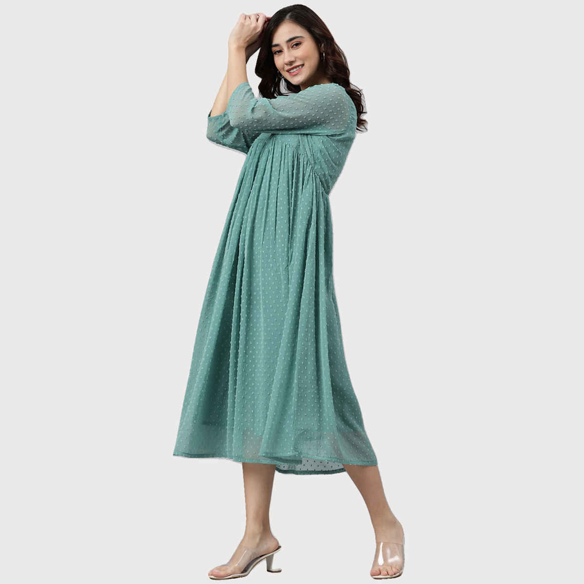 Janasya Women's Green Chiffon Self Design Flared Western Dress - S