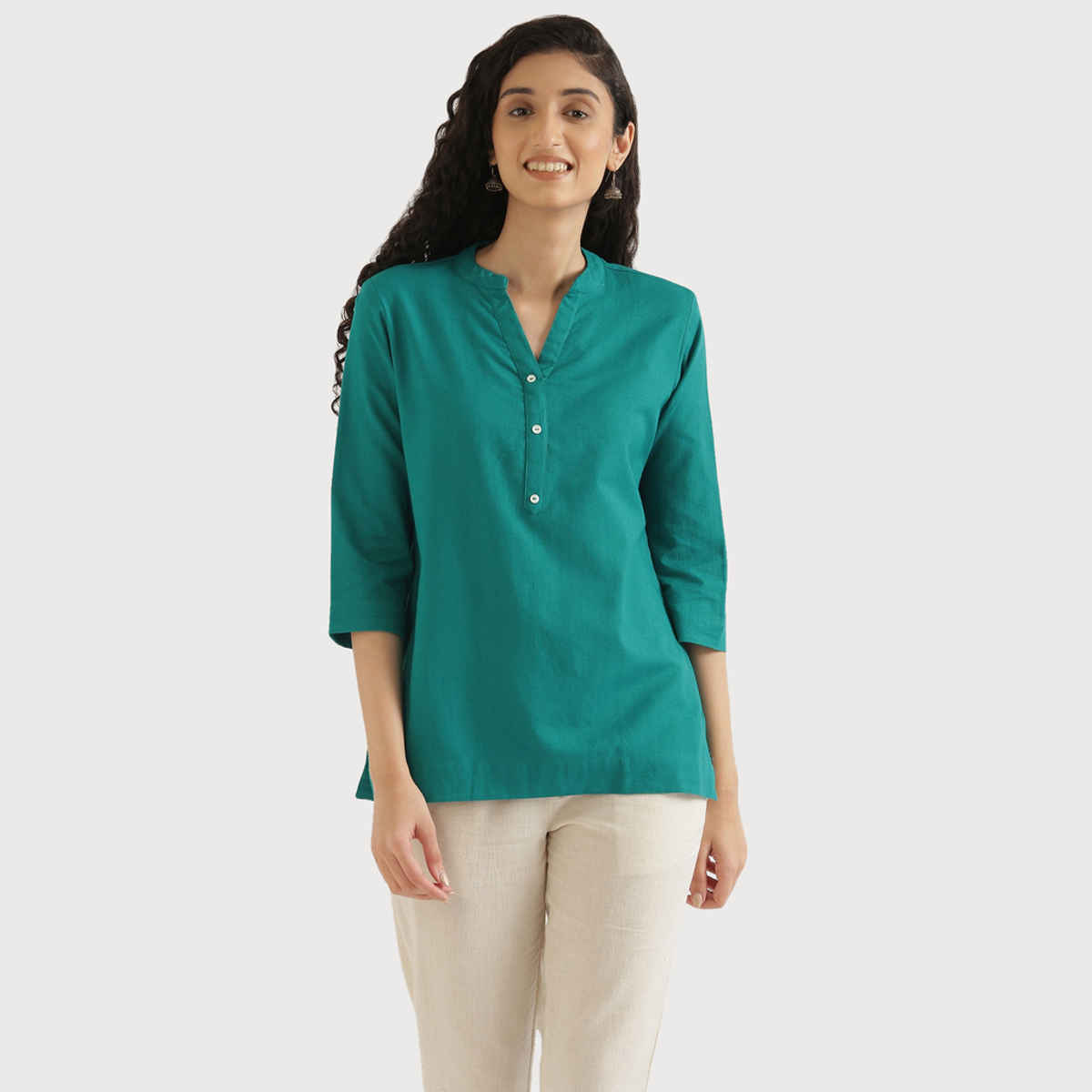 Saadaa Women's Short Airy Linen Kurta | Teal - M