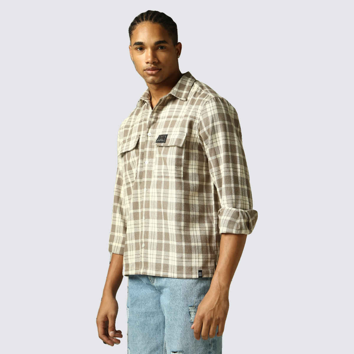 Hubberholme Men's Spread Collar Tartan Checks Double Pockets Oversized Casual Shirt | Beige - 42