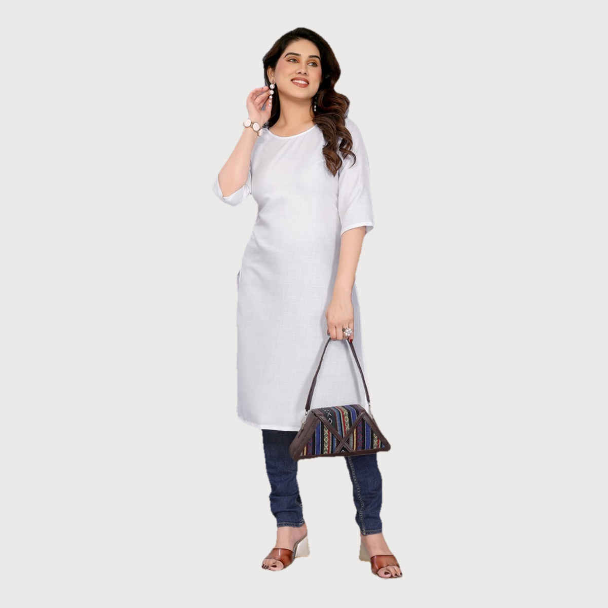 Riglozi White 3/4 Sleeves Cotton Made White Long Round Neck Regular wear Kurti for Women | S