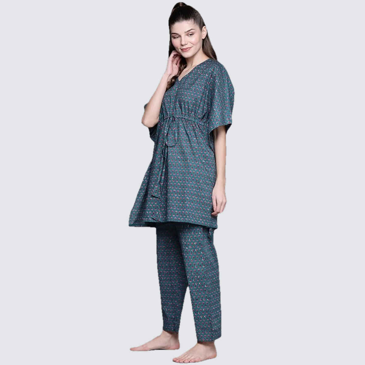 Libas Women Blue Kaftan Night Suit With Blue Pyjamas With Both Side Pocked - 50037L