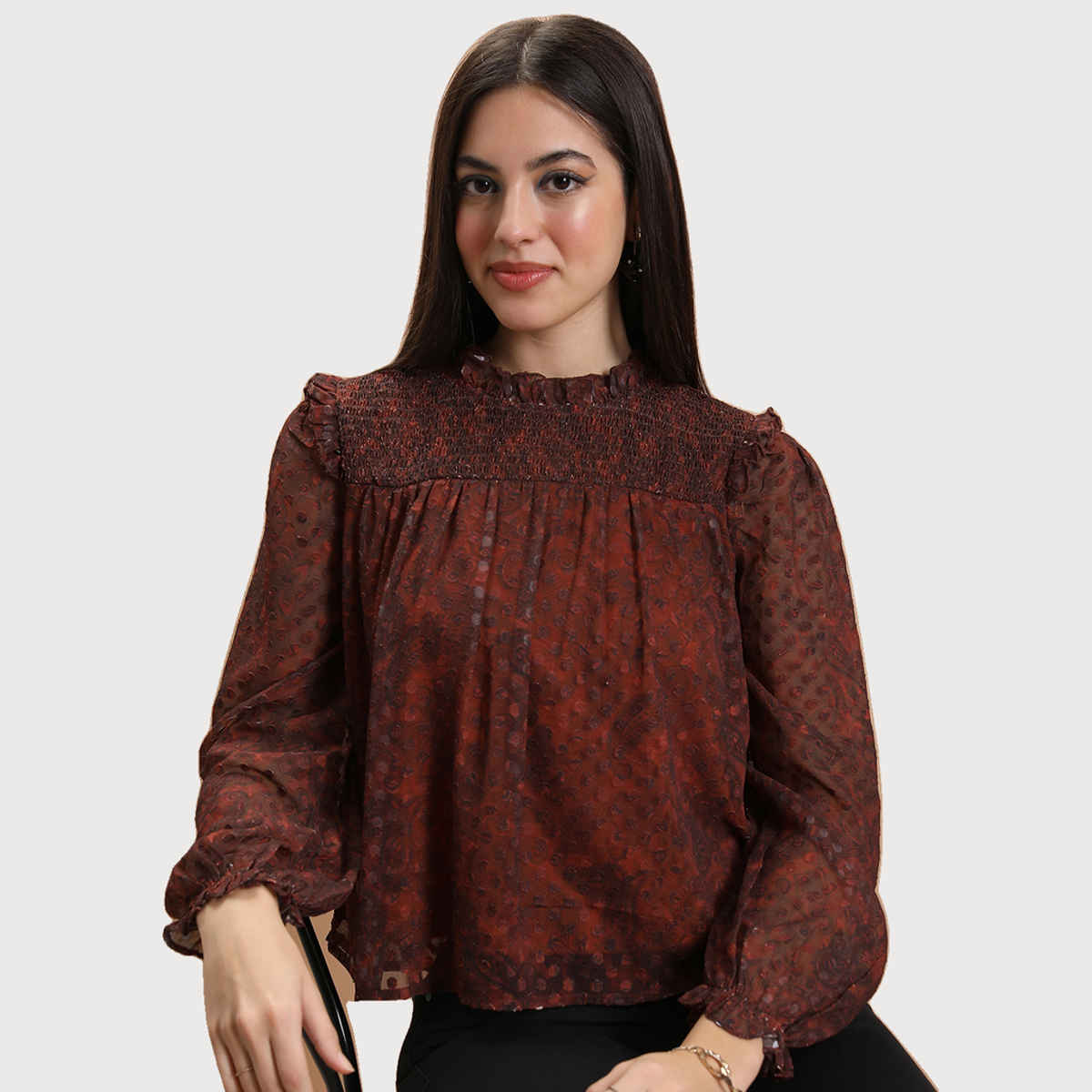 Tokyo Talkies Women's Smocked Blouson Top | Rust - S