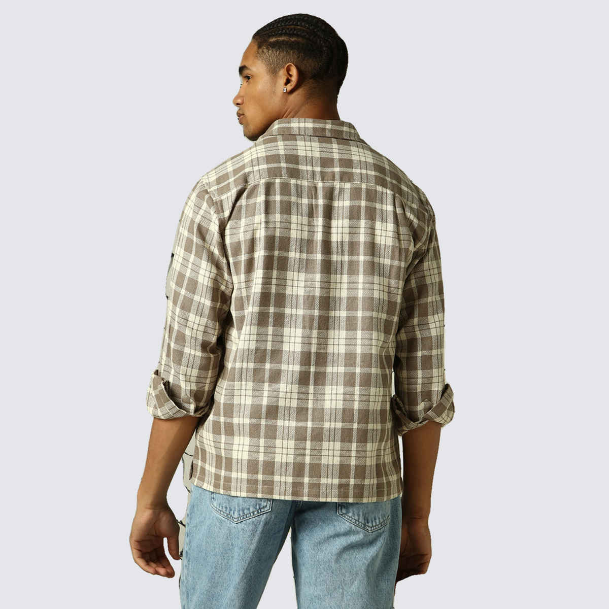 Hubberholme Men's Spread Collar Tartan Checks Double Pockets Oversized Casual Shirt | Beige - 42