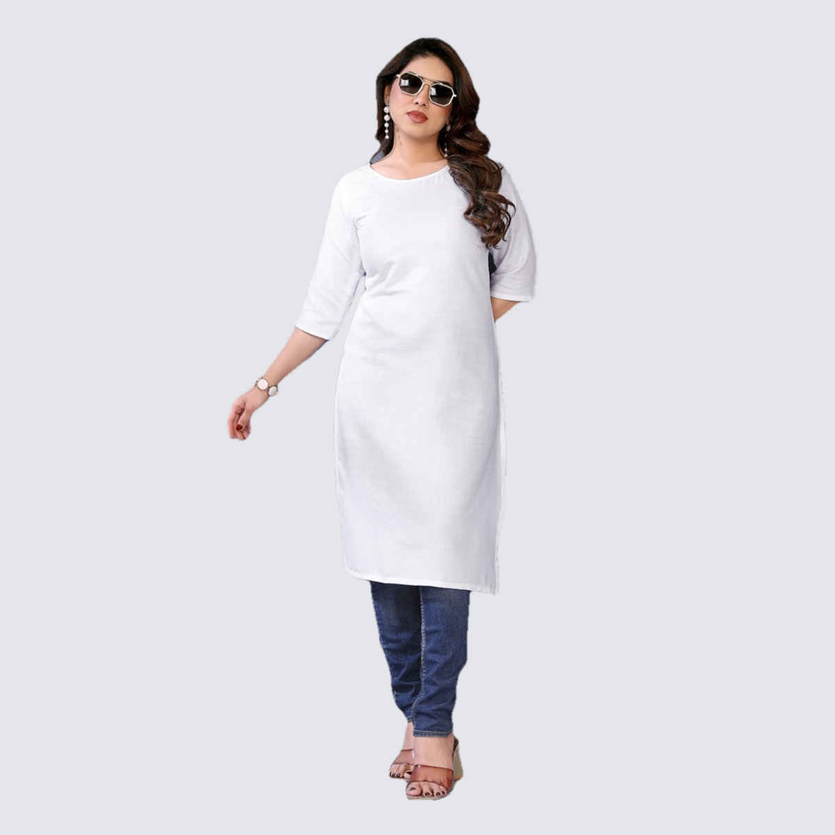 Riglozi White 3/4 Sleeves Cotton Made White Long Round Neck Regular wear Kurti for Women | L