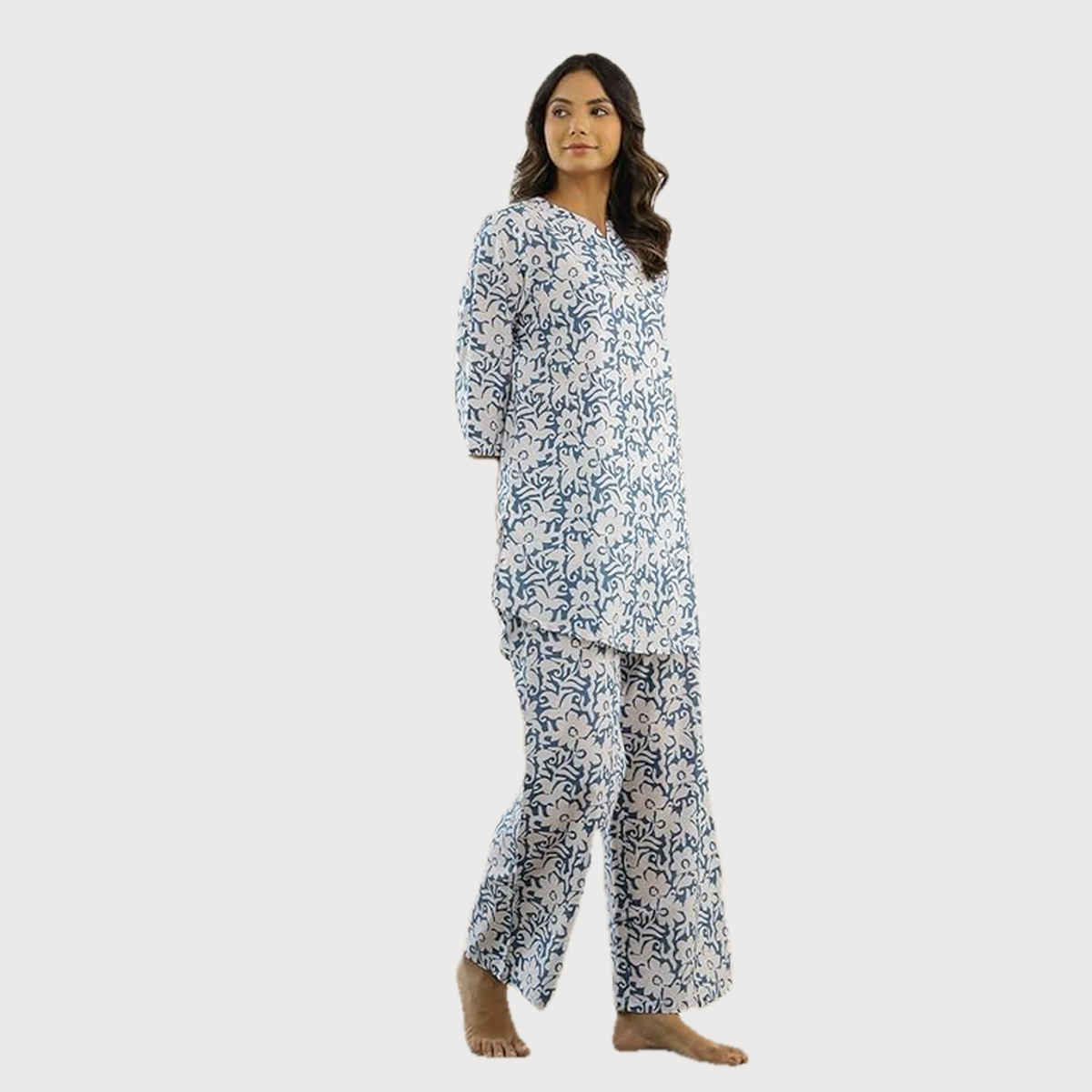Sanskrutihomes Shirt Collar Pure Cotton Night Suit | Blue - XL
