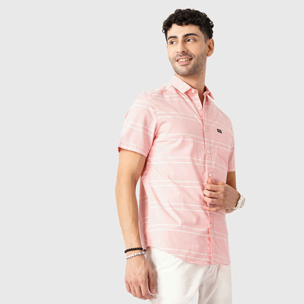 The Indian Garage Co Men's Slim Fit Striped Casual Shirt | Pink - S