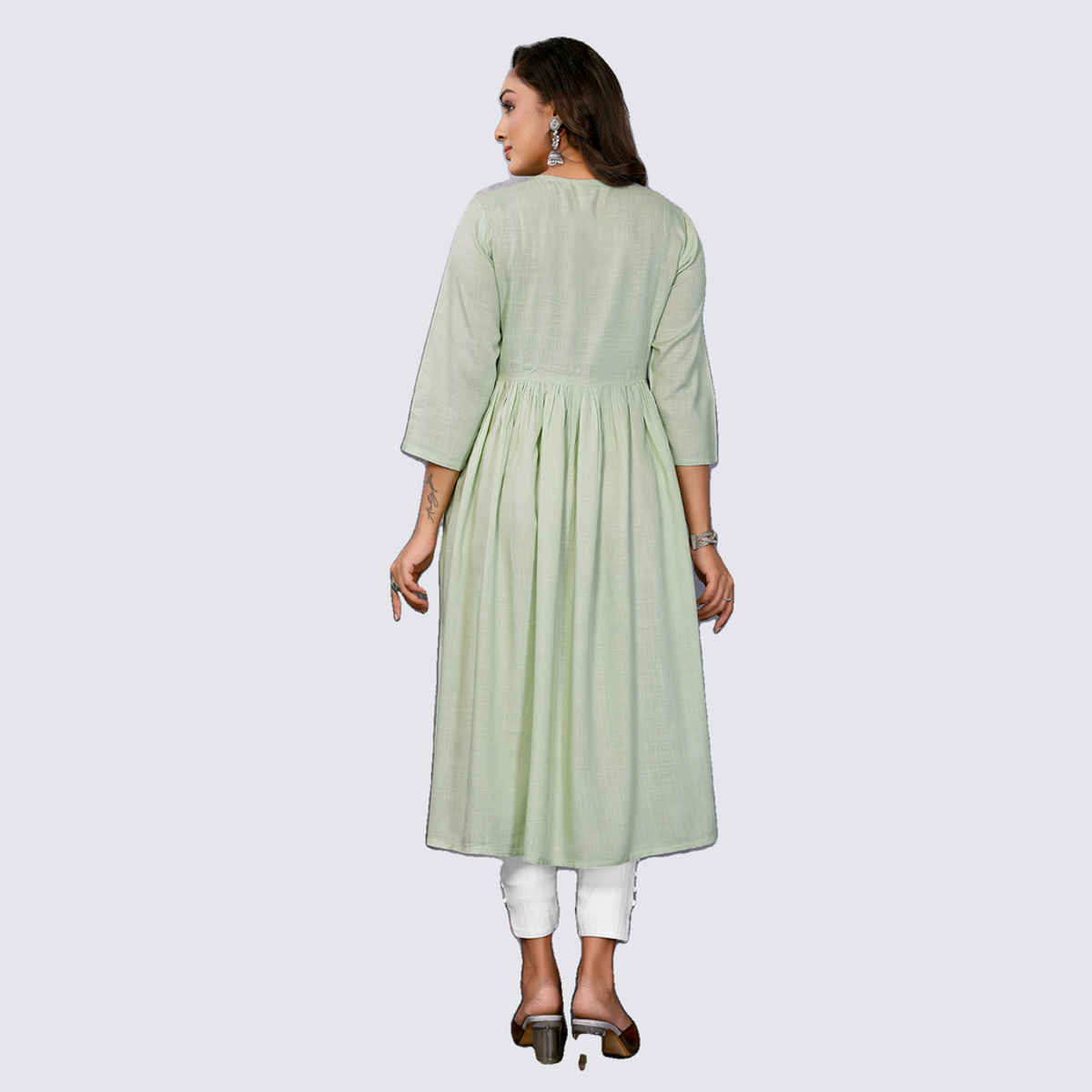 Rangita Women's Rayon Embroidered Flared Calf Length Kurta | Light Green - XL