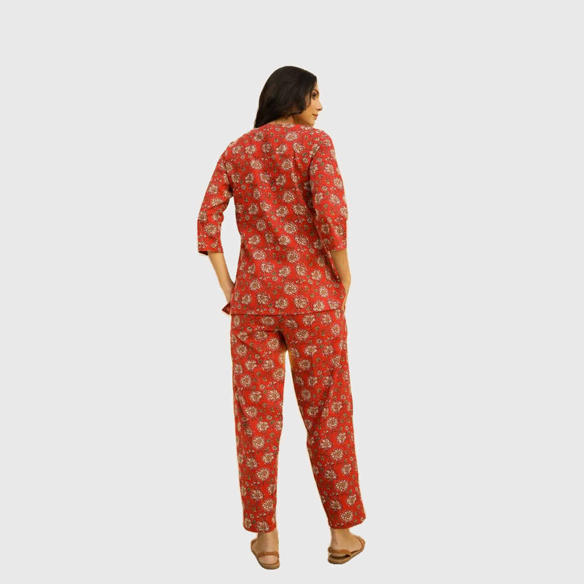 Sanskrutihomes Women's Printed Pure Cotton Night Suit | Red - M