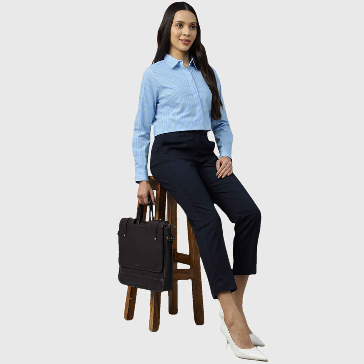 Hancock Women Blue Striped Regular Fit Pure Cotton Formal Shirt | M