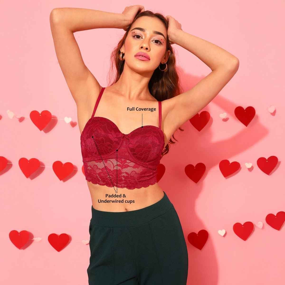 Clovia Women Padded Underwired Full Coverage Multiway Longline Bralette - Lace | Red | 34B