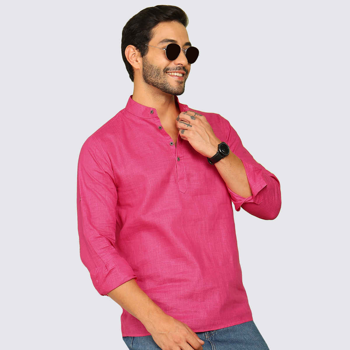 Allan Peter Men's Solid Short Kurta | Pink - 2XL