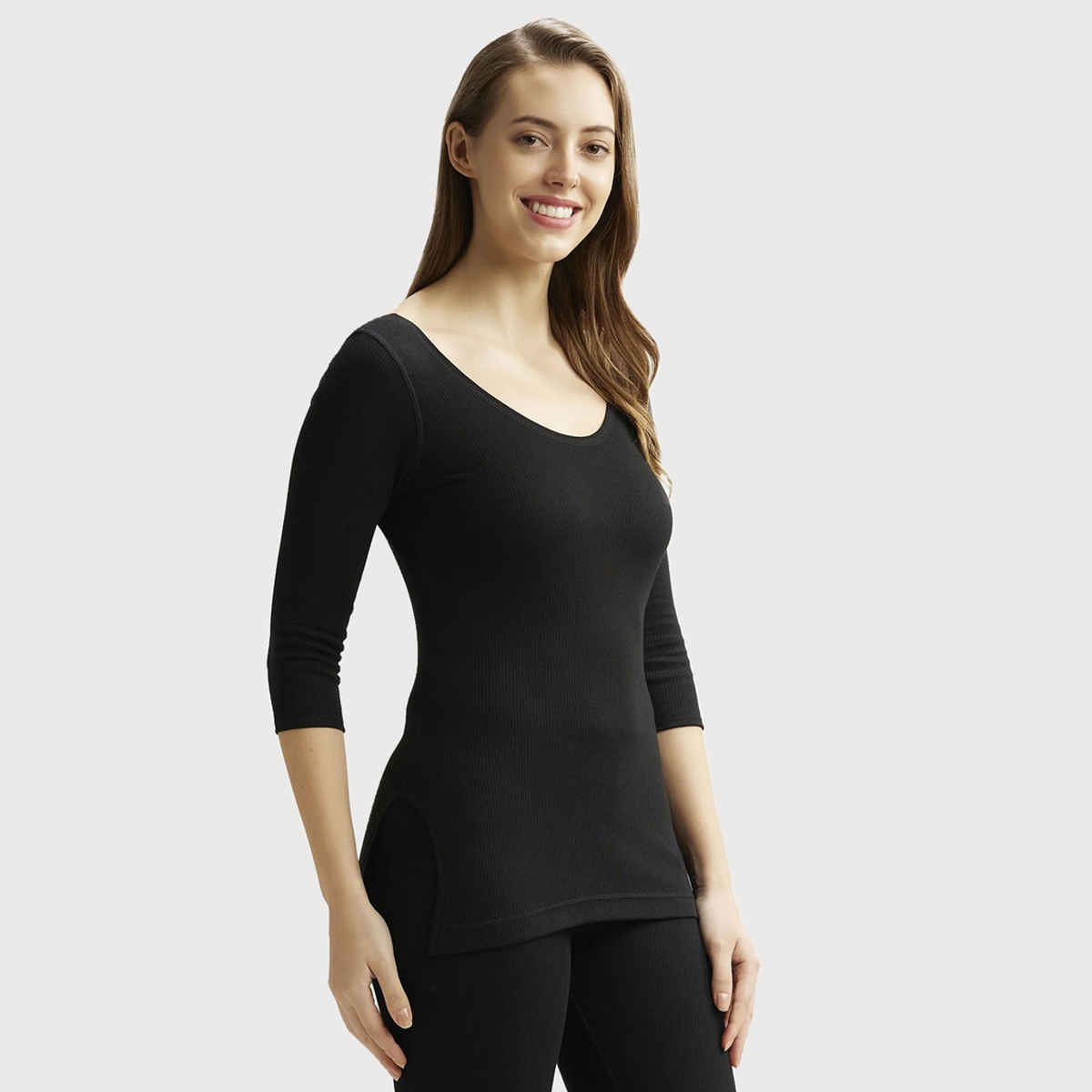 Jockey 2503 Women's Super Combed Cotton Rich 3/4 Sleeve Thermal Top | Black-M