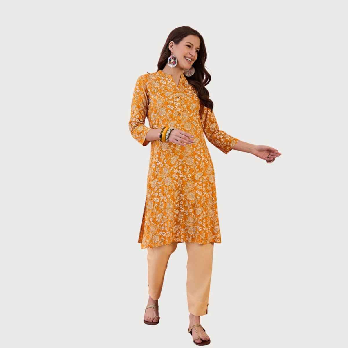 Rangdeep Women s Floral Printed Mandarin Collar Pure Cotton Straight Kurta | Mustard | XL