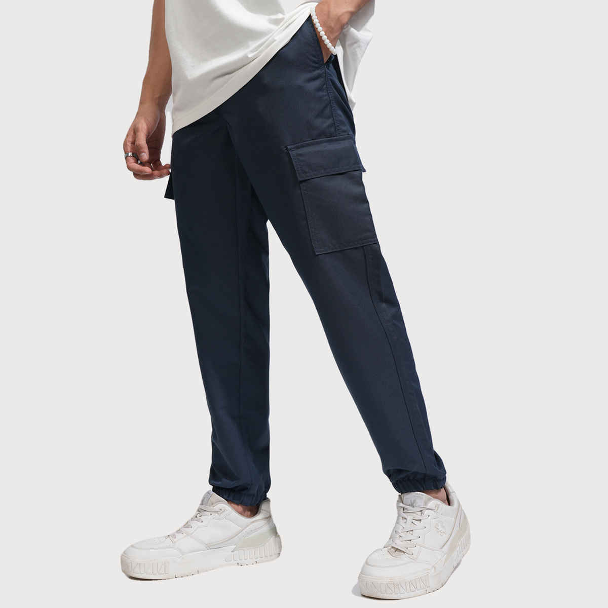 HIGHLANDER Men's Solid Regular Fit Mid-Rise Cargo-Style Joggers | Blue - 30