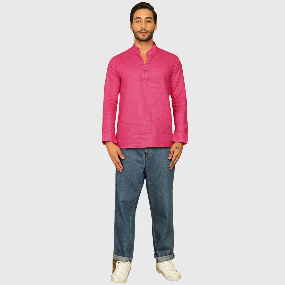 Allan Peter Men's Solid Short Kurta | Pink - L