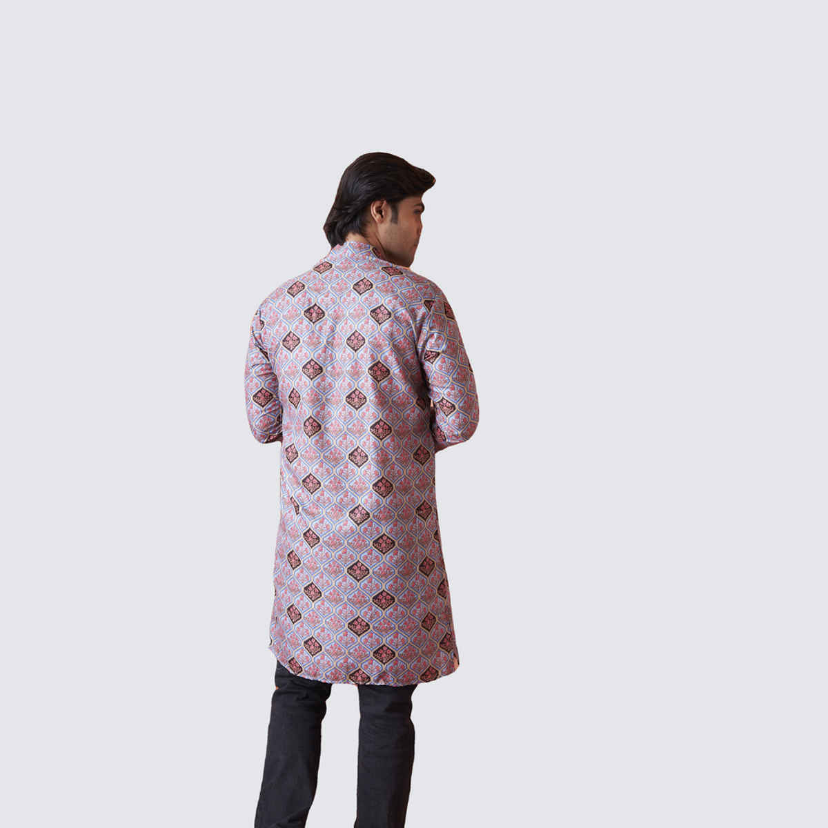 House Of Festivals Men's Printed Cotton Blend Long Kurta | Light Blue - S