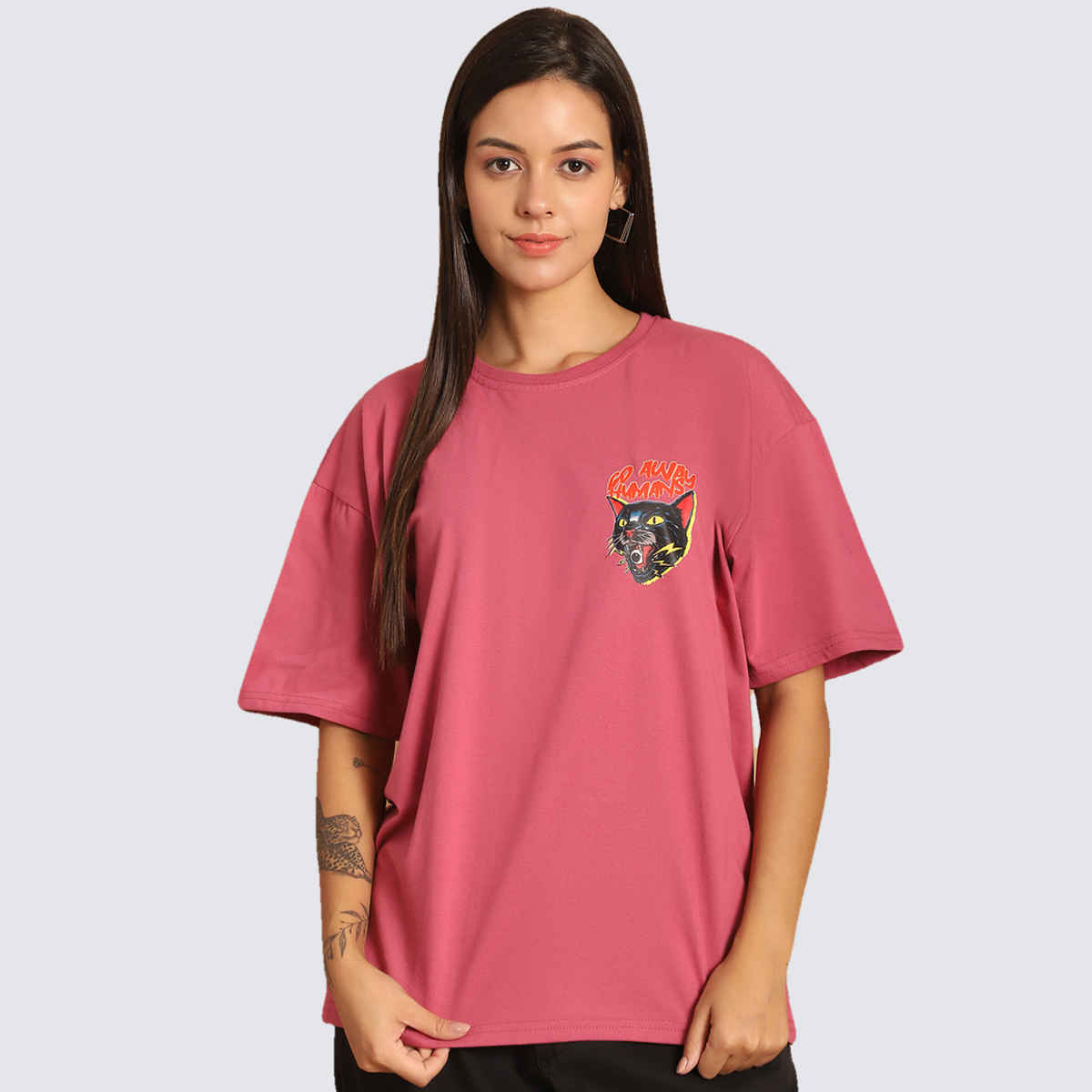 Fabflee Women Oversize Cotton Printed Round Neck Tshirt | Pink | FAB-OS-502 | L