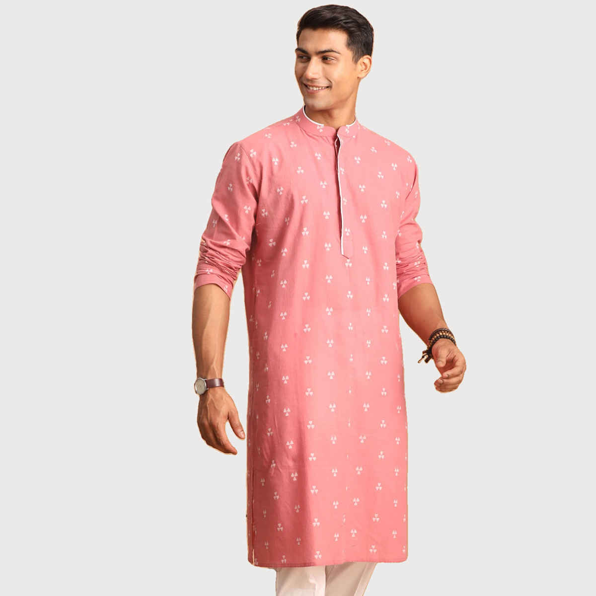 Vastramay Men's Cotton Kurta | Pink - L