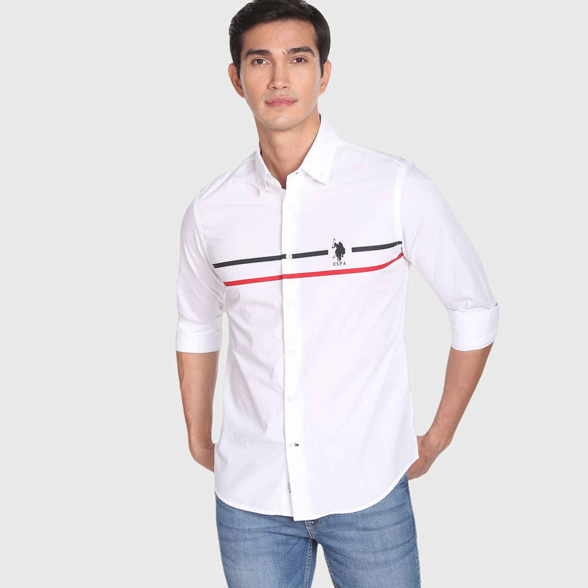 U.S. Polo Assn. Men's Horizontal Stripe Cotton Casual Shirt | White - 42