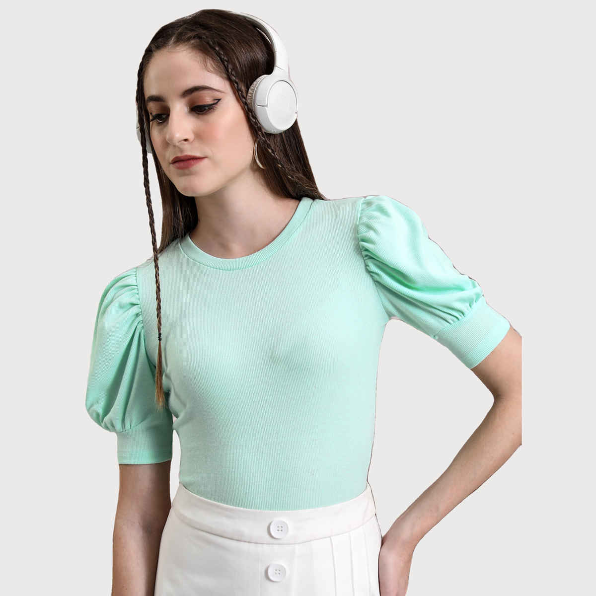 Tokyo Talkies Women's Puff Sleeve Knited Top | Green - L