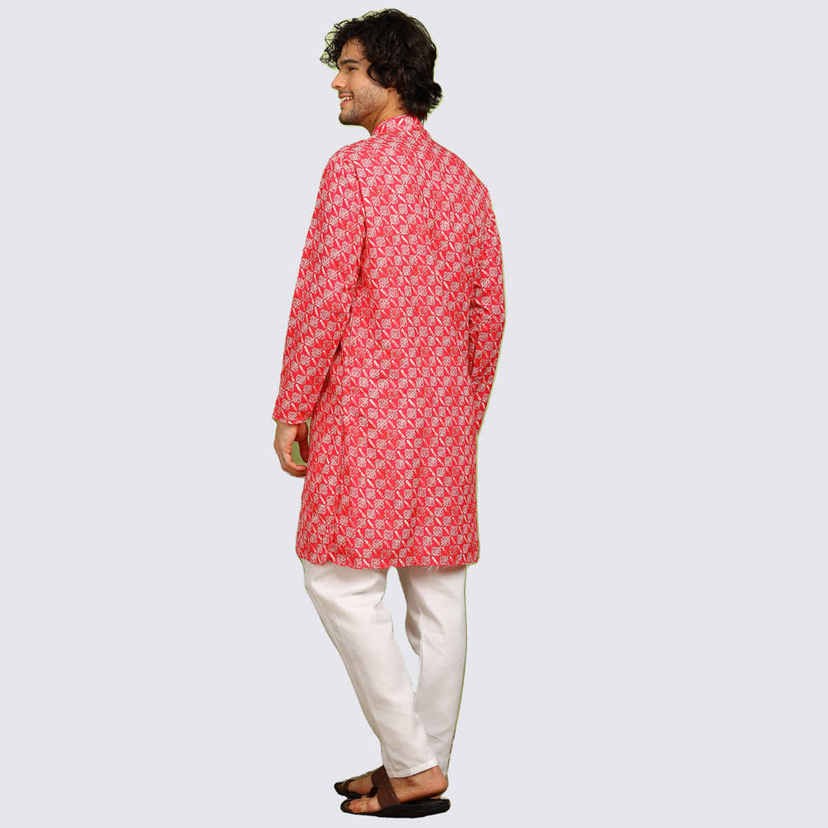 Allan Peter Men's Printed Long Kurta | Coral - M