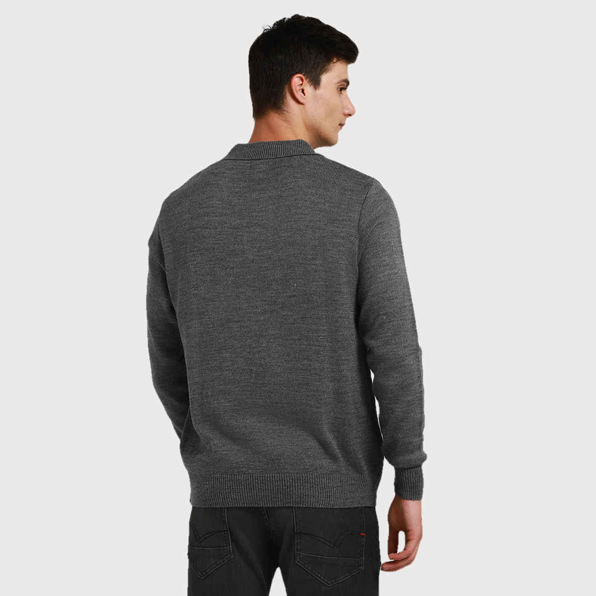 Dennis Lingo Men's Collar Regular Fit Solid Sweater | Mid Grey Melange | M