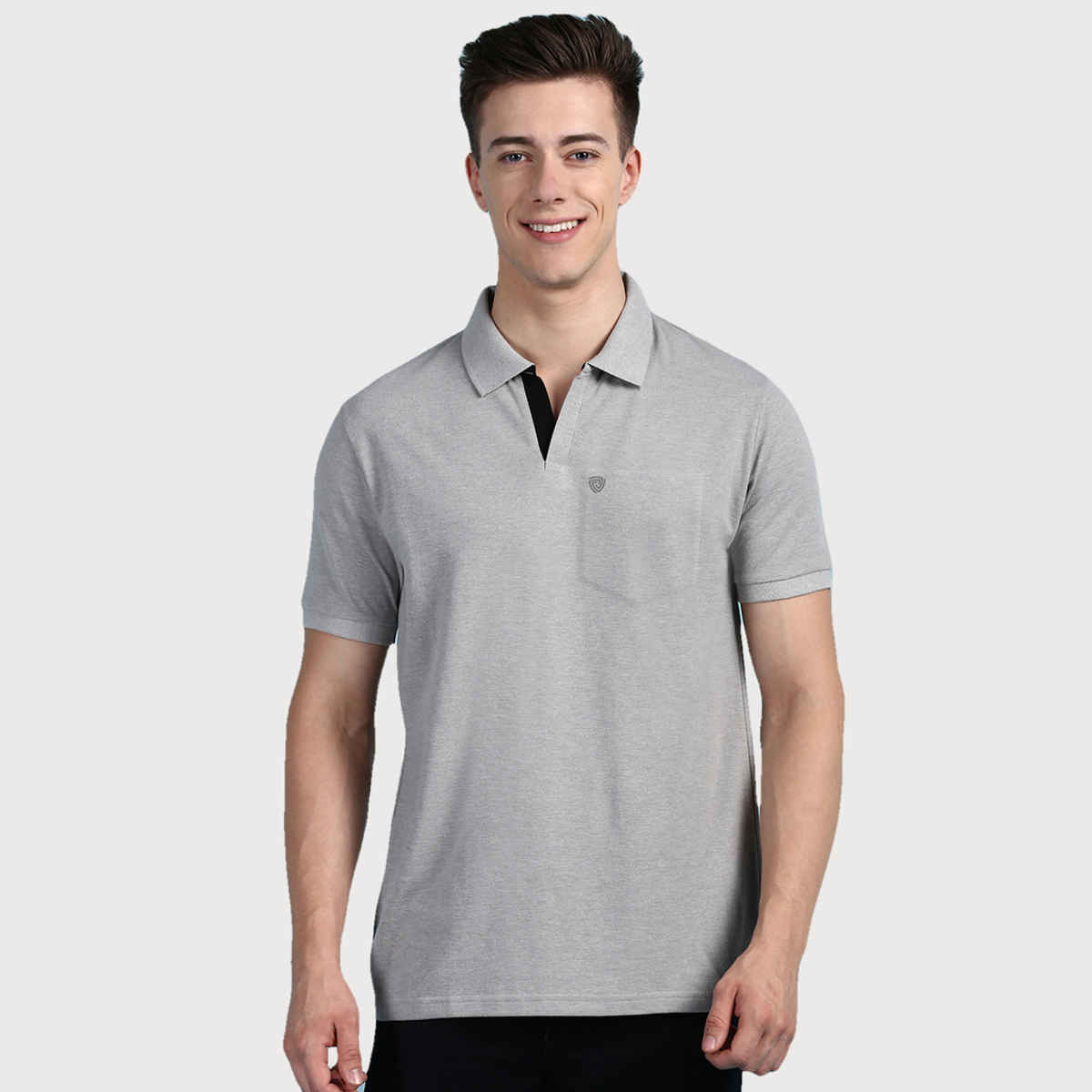 Lux Cozi Men's Solid Cotton Polo T-shirt with Pocket | Grey Melange - L