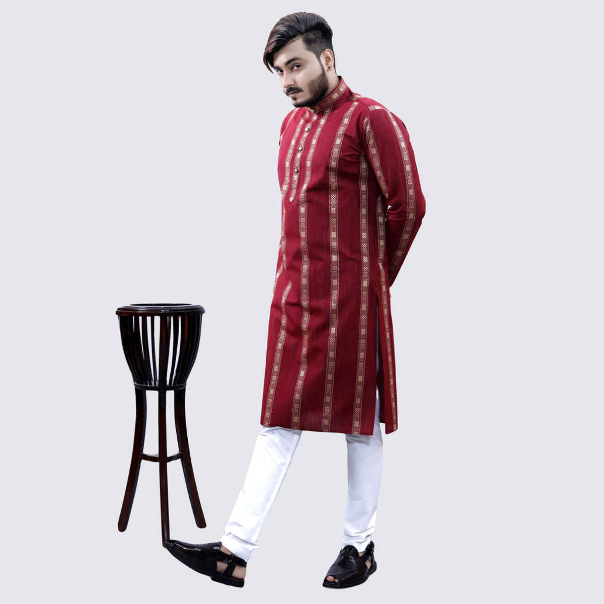 Tibra Collection Men Straight Kurta - Maroon | Striped | Cotton Blend | L