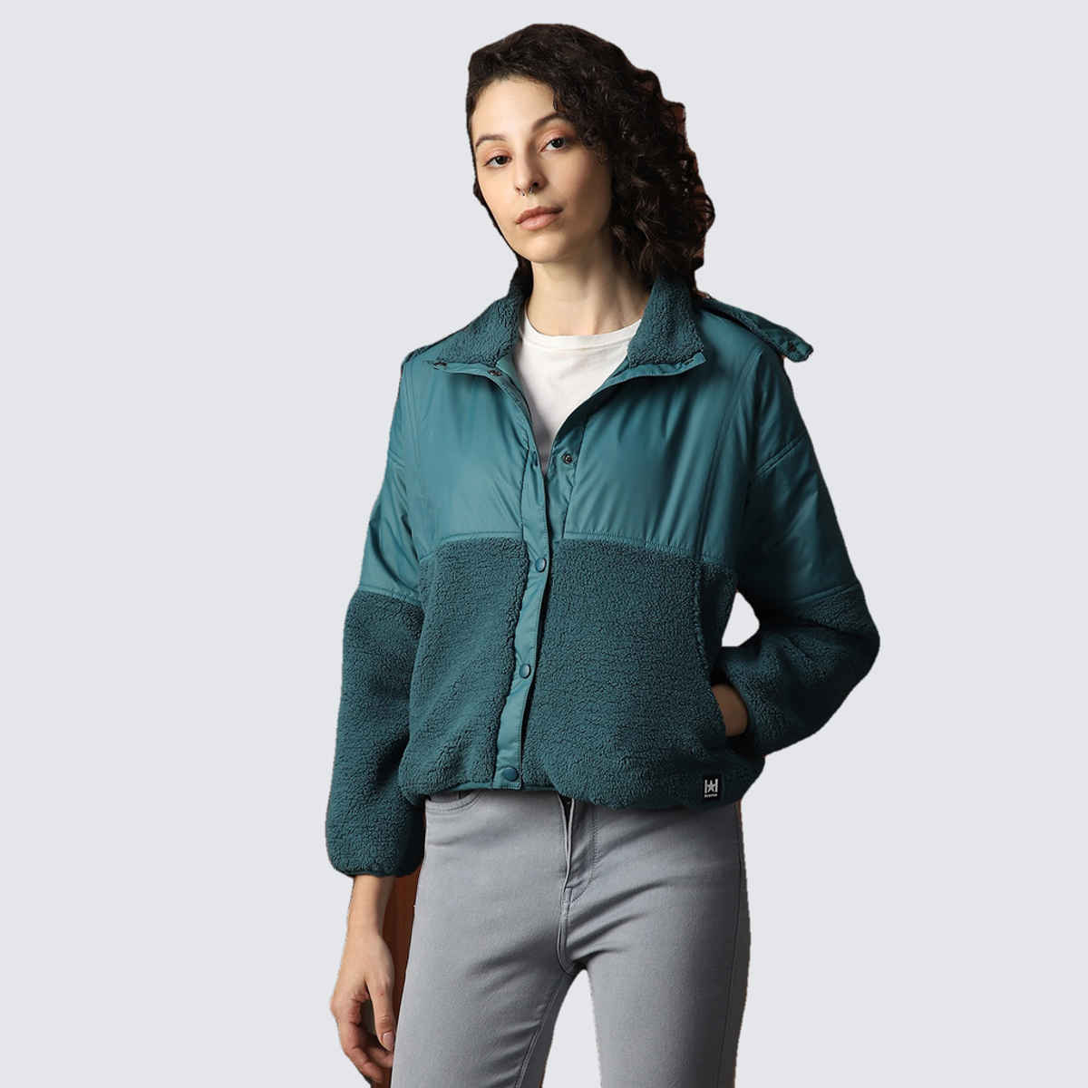 High Star Women's Self Design Shirt Collar Sweatshirt | Teal - L