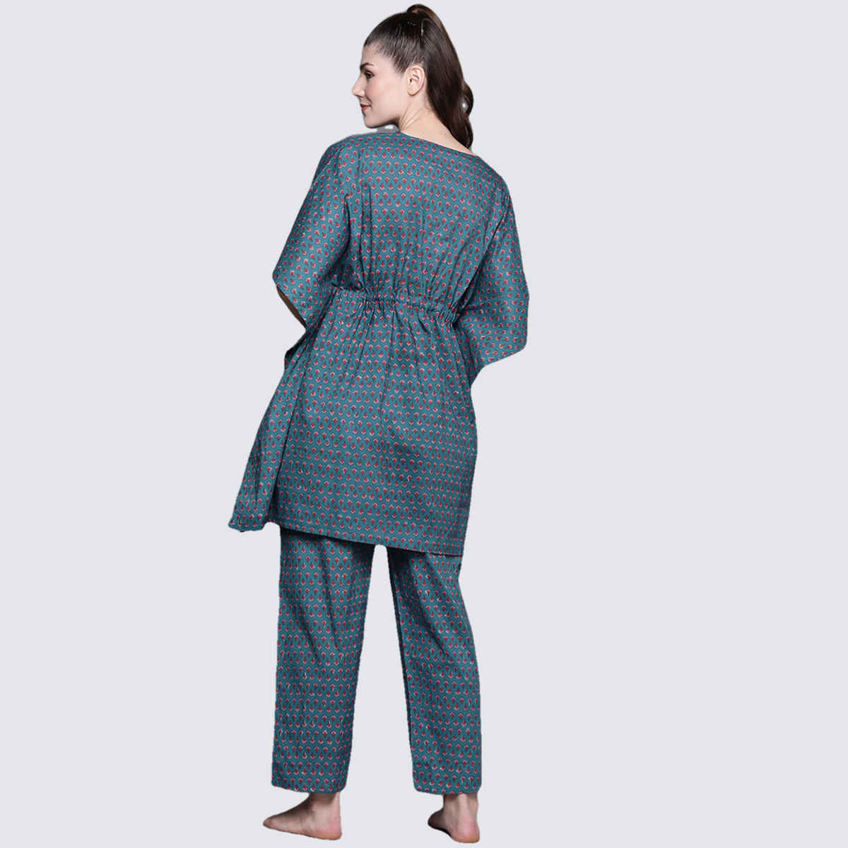 Libas Women Blue Kaftan Night Suit With Blue Pyjamas With Both Side Pocked - 50037L